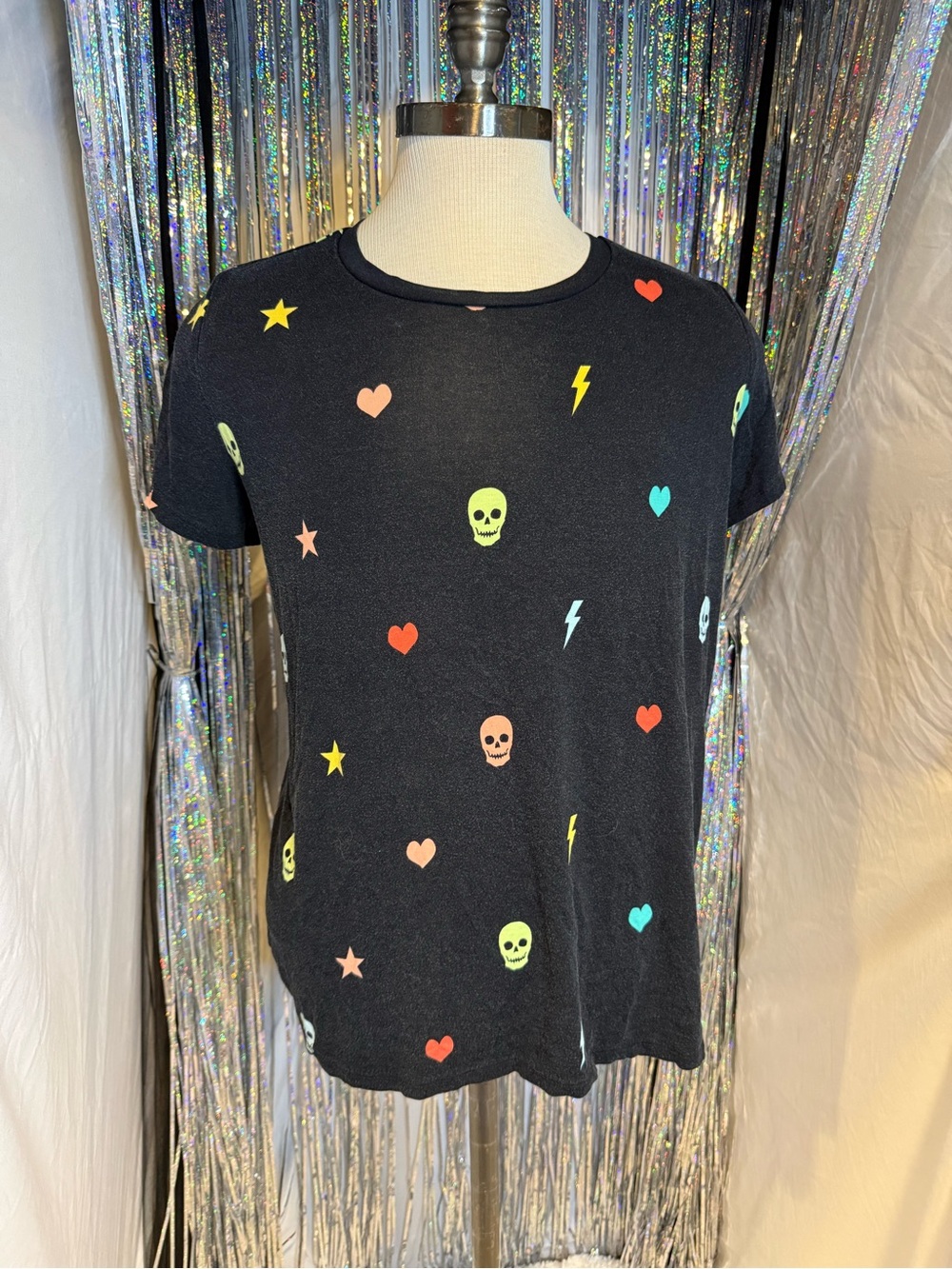 torrid Black Short Sleeve Tee with Neon Skulls, Hearts & Lightning Bolts